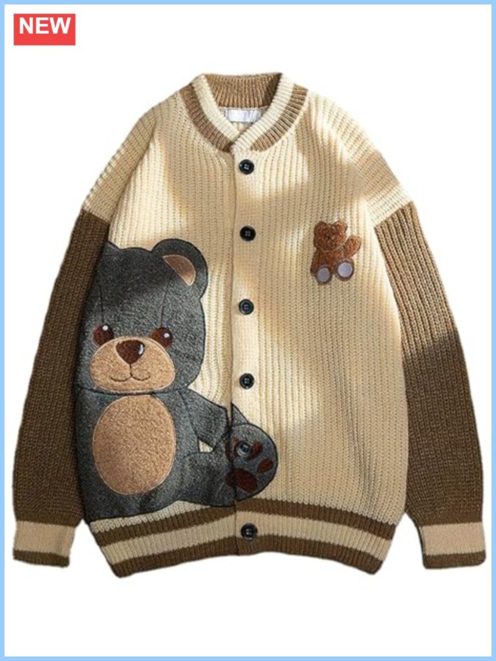Bear Embroidery Knit Cardigan Button Down Long Sleeve Varsity Sweater Jacket